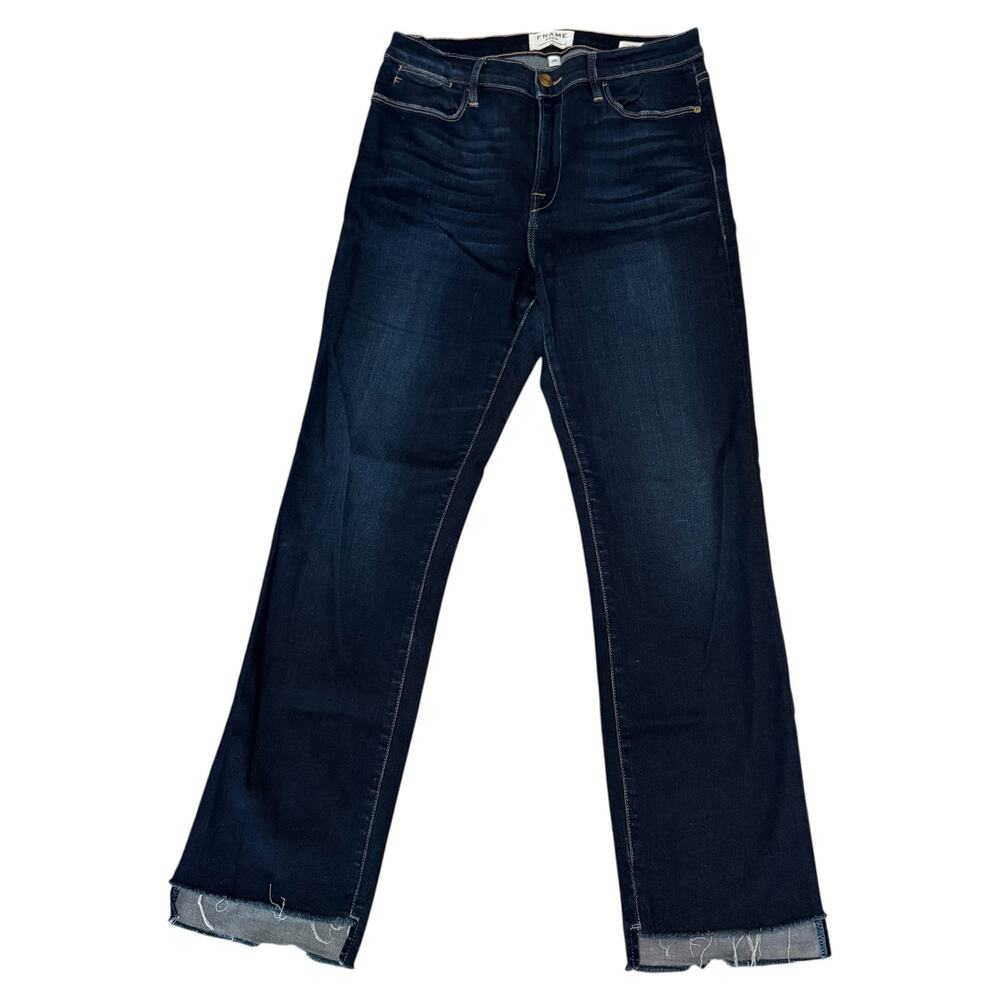 FRAME Le High Straight Raw Stagger Jeans Cabana Dark Wash Stretch USA Size 28